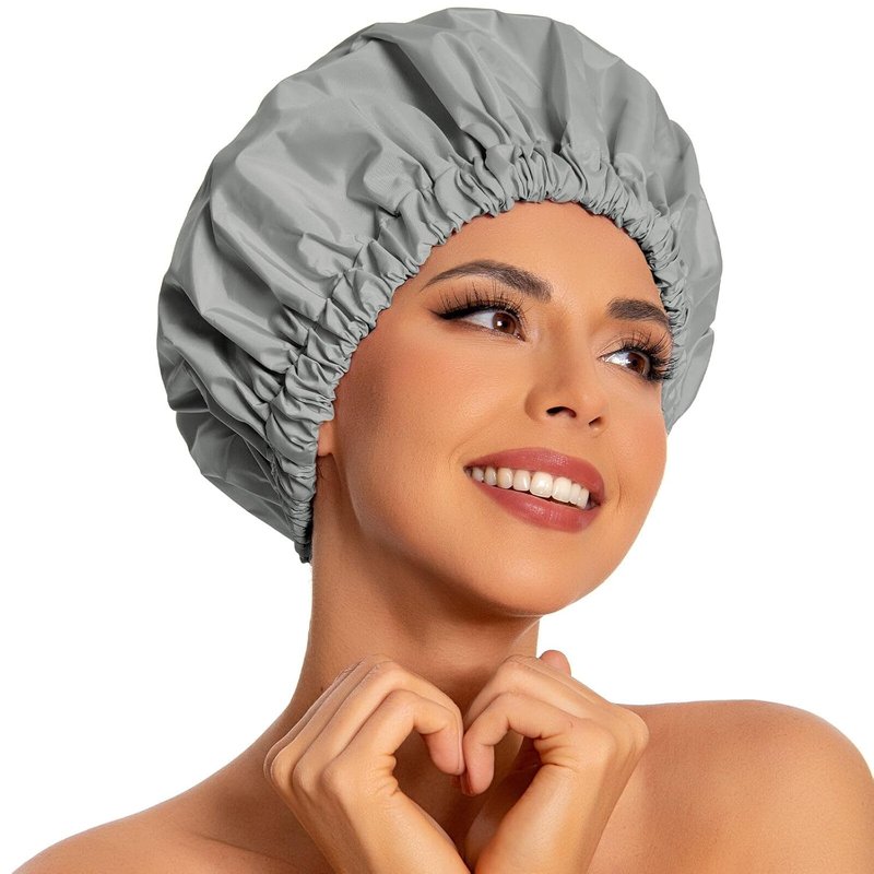 Reusable Shower Cap for Women - Large Waterproof Hair Bonnet for Long, Curly Hair | Dark Grey