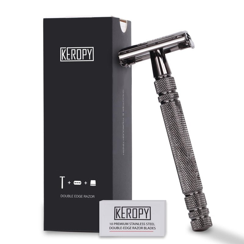 Double Edge Safety Razor for Men with 10 Double Edge Safety Razor Blades, Single Blade Butterfly Razor - Men Metal Razor for Shaving, Traditional One Blade Razor Kit - Gloss Black