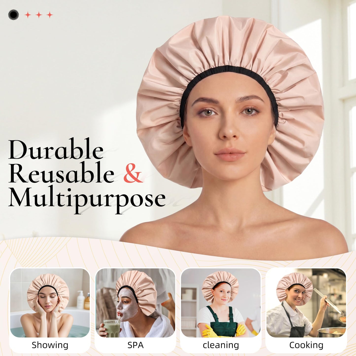 Extra Large Shower Cap for Women, Reusable Waterproof Shower Bonnet with Satin Lining, Double Layer Washable Bath Hair Cap for Braids, Locs, Long Thick Curly Hair, Natural Hair(Big Beige)
