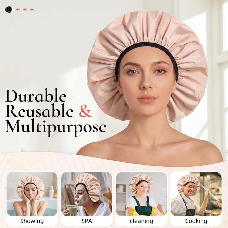 Extra Large Shower Cap for Women, Reusable Waterproof Shower Bonnet with Satin Lining, Double Layer Washable Bath Hair Cap for Braids, Locs, Long Thick Curly Hair, Natural Hair