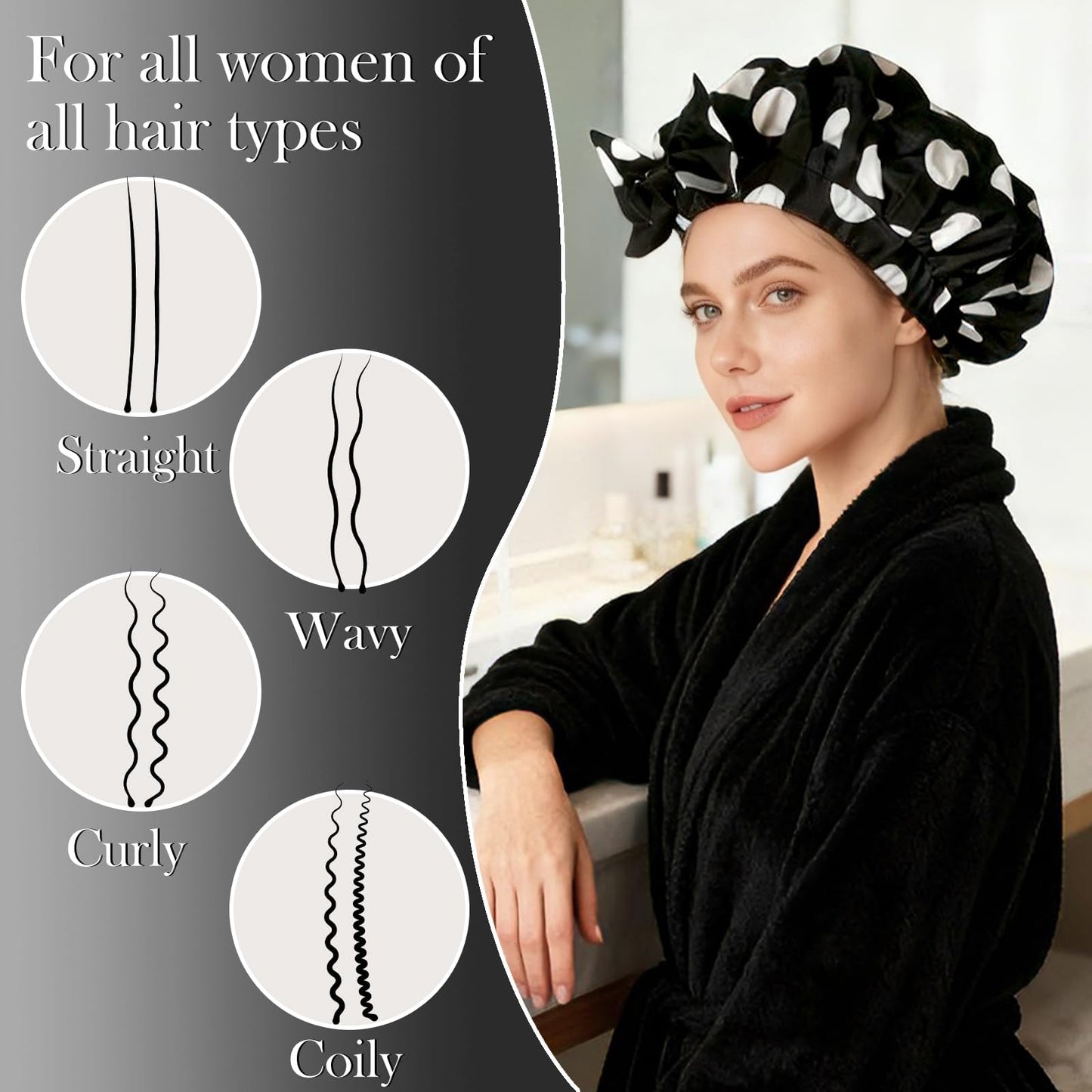 Fistmta Luxury Shower Caps for Women Reusable Waterproof, Large Double Layer Quick-dry Bathing Hair Cap with Adjustable Elastic Strap, Non-slip Shower Cap for Long Short Hair Black Polka Dots