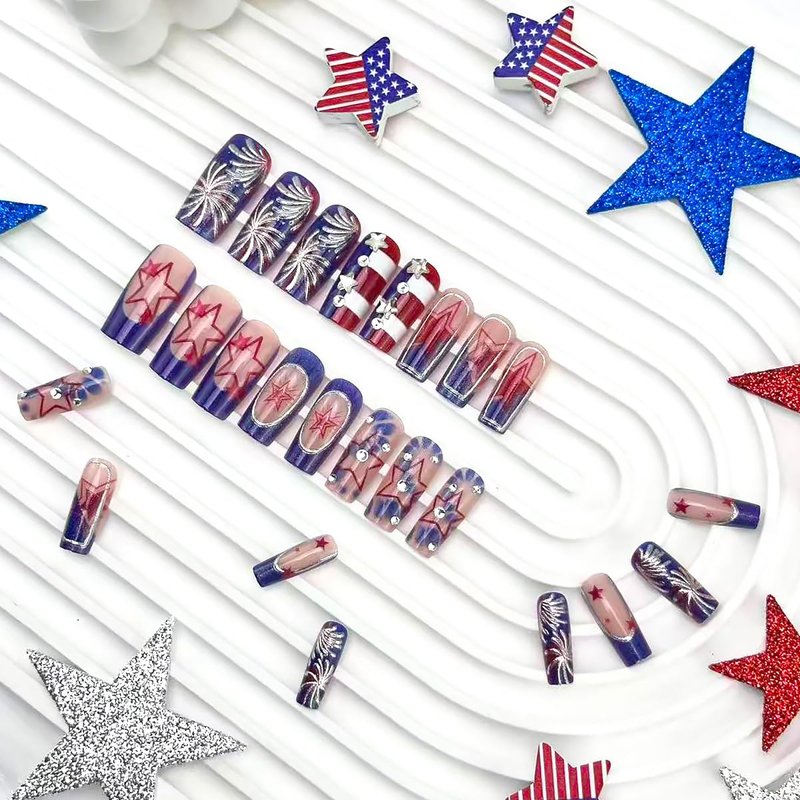 Skiennix 24Pcs 4th of July Press-On Nails - Medium Square French Tip with Glitter Fireworks Design