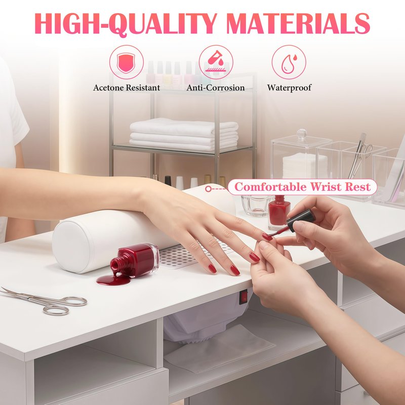 Hicomony Manicure Table Nail Desk with Storage, Professional Nail Tech Desk,with Upholstered Leather Cabinets, Crystal Tufted Modern Nail Salon Desk Table for Beauty Studio