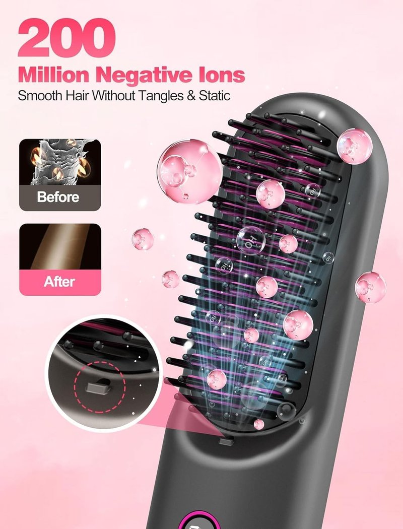 Cordless Hair Straightener Brush - Go Brush Pro for Short Hair | Travel-Friendly, 30s Fast Heat, 12 Temp Settings, Grey