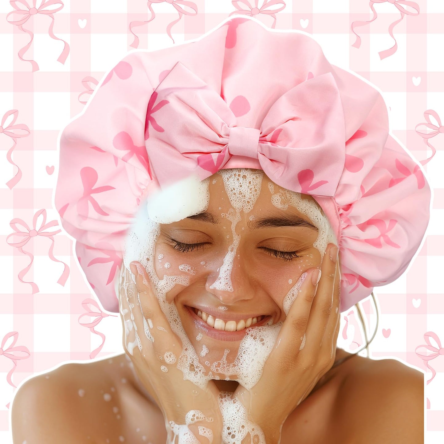 Janmercy Pink Bow Shower Cap for Women Terry Lined Shower Cap Reusable Waterproof Double Layer Bath Bonnet Adjustable Non Slip Quick Dry for Braids Long Straight Curly Hair Women Gifts