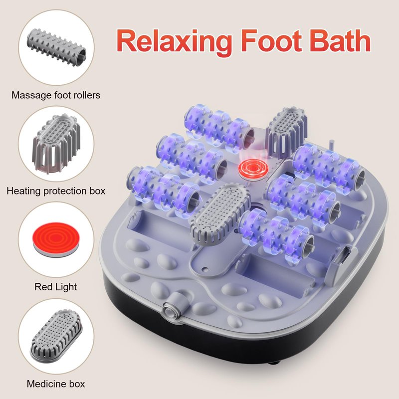 GEHONA Collapsible Foot Spa Bath with Heat, Foot Massager with Two Side Supports, Leakage Protector, Temperature Control, Bubbles, Red Light, Timer, Feet Soaker, Gifts (Deep Black)