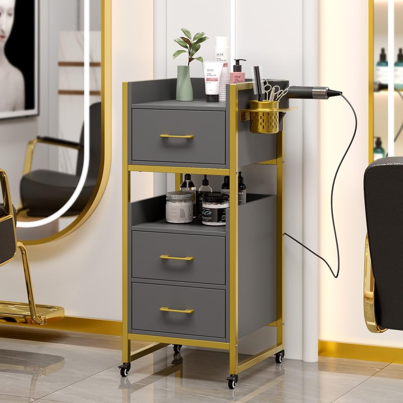 OmySalon Salon Trolley Cart, Hair Styling Station with 3 Drawers, 2 Open Shelf & Tool Holders, Mobile Barber Storage Cabinet Utility Trolley for Beauty Salon Spa, Gery
