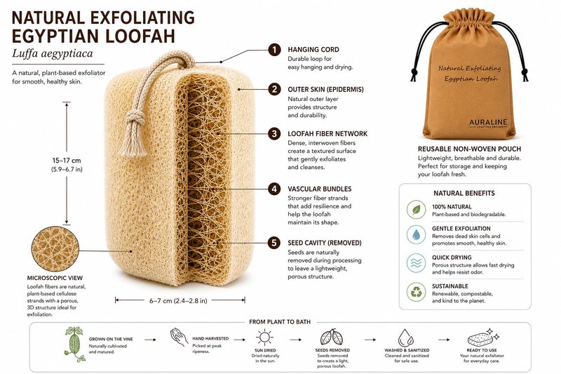 AuraLine Large Natural Egyptian Loofah Sponge, Exfoliating Bath and Shower Scrubber with Hanging Rope. Plant Based (3 Count in 1 Eco-Friendly Bag)