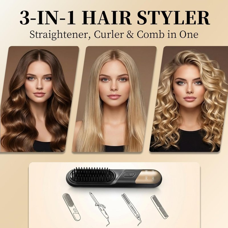Go Brush Pro Cordless Hair Straightener Brush - 4 Adjustable Temperatures, Portable USB Charging, Black