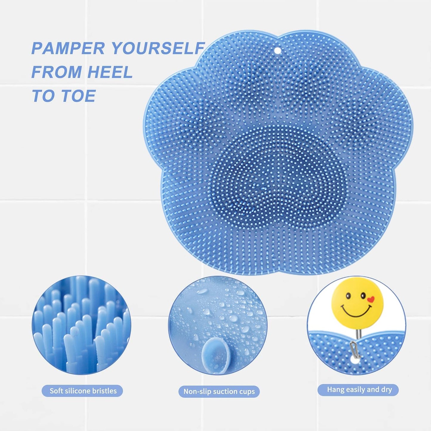 Foot Scrubber in Shower,Shower Foot Scrubber Mat,Silicone Foot Scrubber for Shower,Silicone Body Scrubber with Suction Cups,Bath Feet Scrub Mat with Storage Hook(Blue)