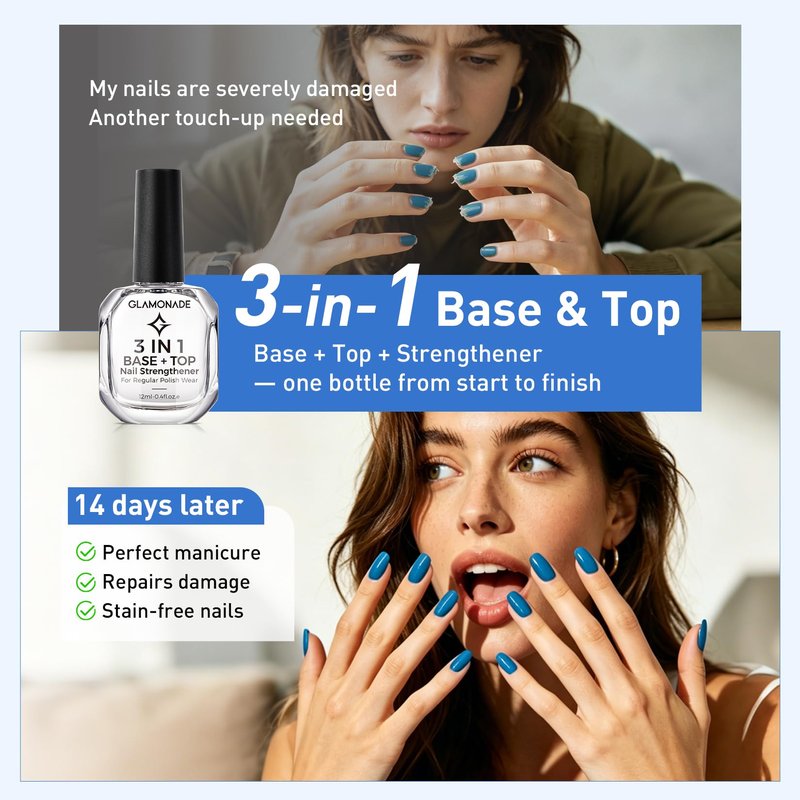 Glamonade 3-In-1 Clear Nail Polish: Quick Dry Top Coat Prevent Staining Base Coat & Nail Strengthener, High Gloss Long Lasting No Chip Shield, Nail Hardener for Weak Nails, DIY Manicure for Women 12ml