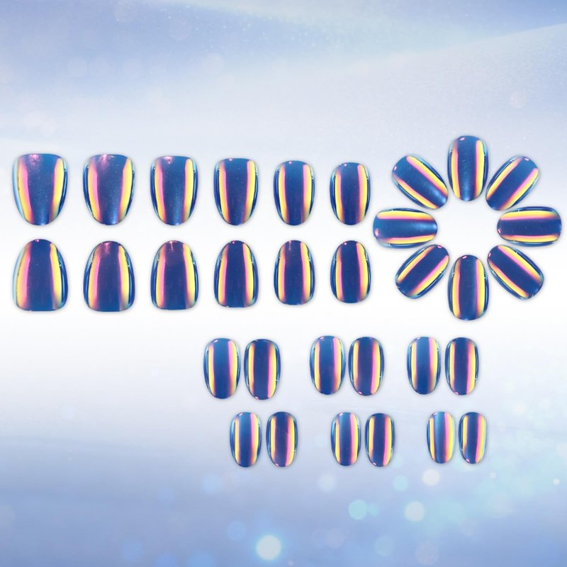 Blue Press on Nails Aurora Short Oval Fake Nails with Chrome Design Glossy Full Cover Dark Color Stick on Nail for Women Manicure 32Pcs