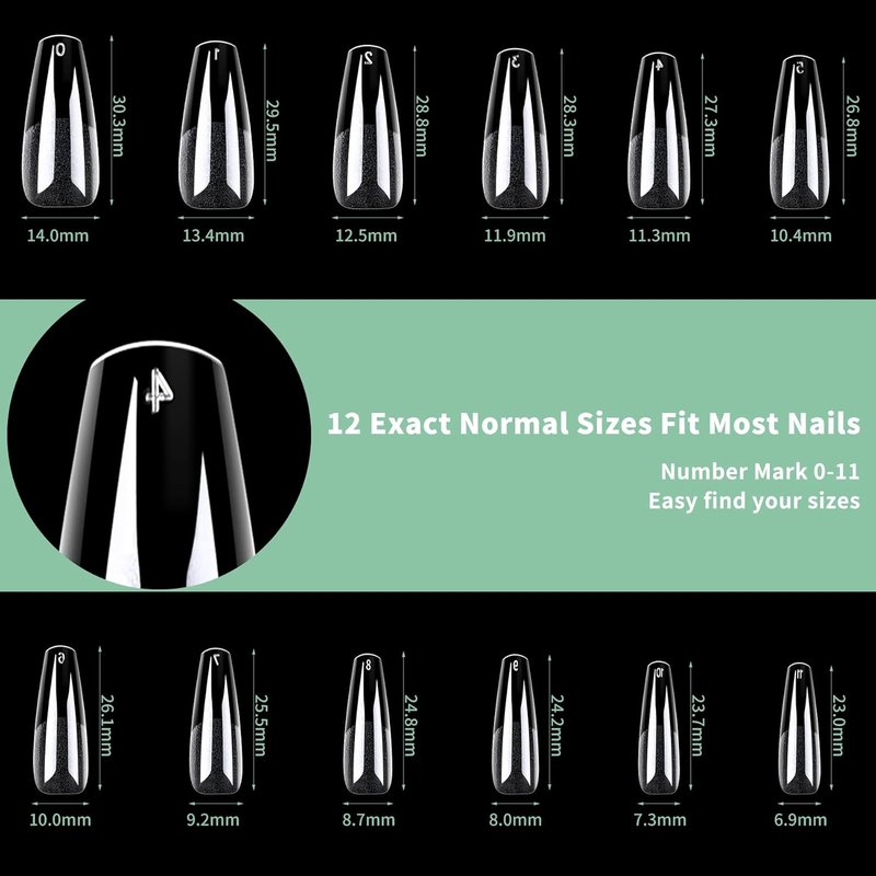 Long Coffin Nail Tips - 216pcs Acrylic Ballerina Fake Nails | Matte Clear Pre-Shaped Full Cover for DIY Manicure, 12 Sizes