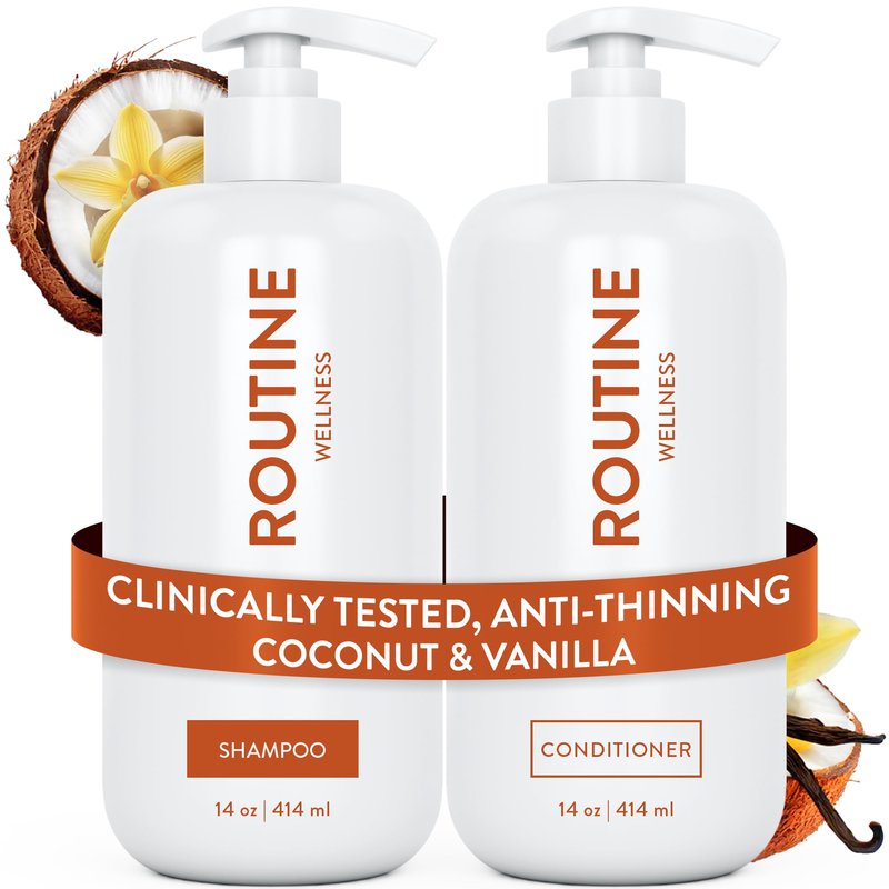 Routine Wellness Anti-Thinning Shampoo and Conditioner Set for Thinning Hair - Biotin DHT Blocker Women & Men - Color Safe Shampoo for Hair Loss & Healthier Hair - Coconut & Vanilla Set