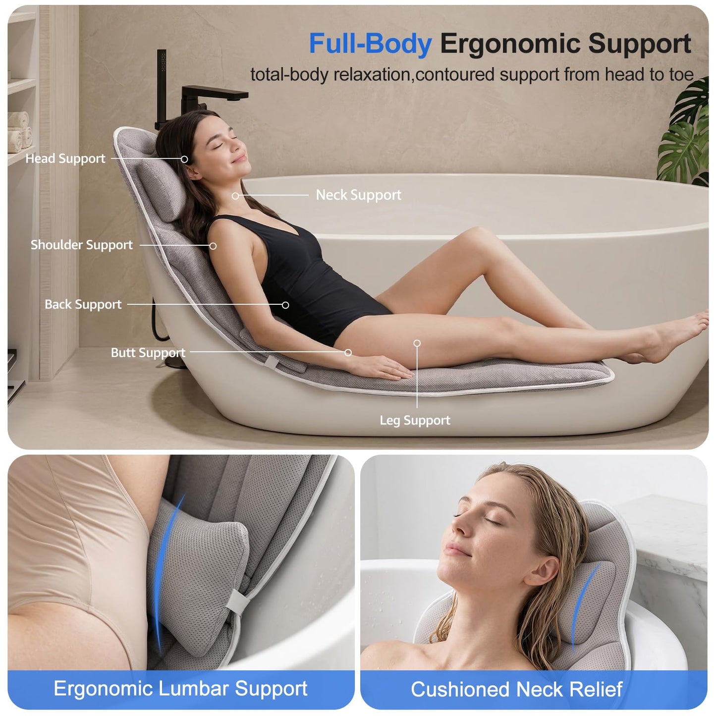 Full Body Bath Pillow for Bathtub, Thick 5D Air Mesh Luxury Spa Tub Cushion with Adjustable Lumbar Support, Extra Long Bathtub Pillow for Head and Neck Back, 192 Non-Slip Suction Cups, Gray, 56" x 19"