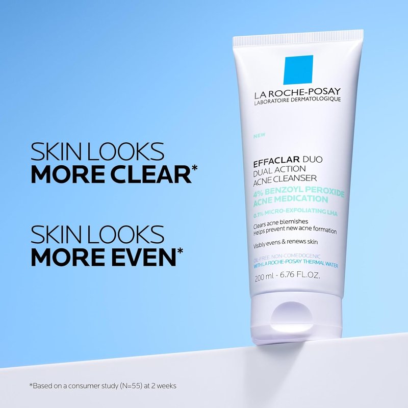 La Roche-Posay Effaclar Dual Acne Face Wash - 4% Benzoyl Peroxide & LHA Exfoliant, 6.76 Fl Oz