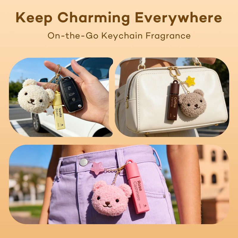 purefittech Pheromones Perfumes for Women Rose Cashmere Lychee Scent Roll-on Perfume with Kawaii Bear Keychain,Travel-Size Eau de Parfum, All-Day Fresh, Ideal Gift, Made in USA, 0.34 fl oz (10ml)