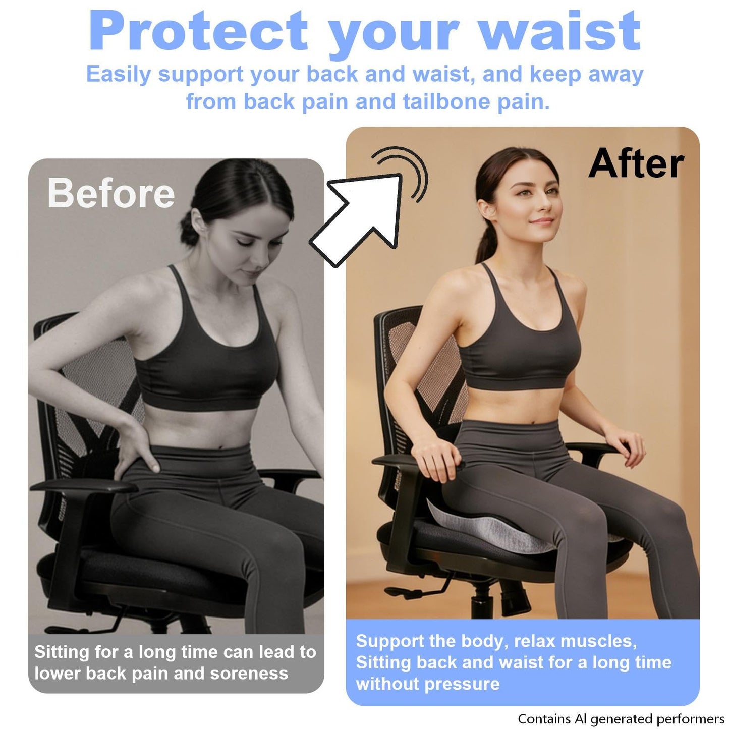 kowptyy Memory Foam Seat Cushion for Long Sitting,L-Shaped Ergonomic Design for Office Chair & Truck Drivers,Improve Comfort During Prolonged Sitting(Black Gray)