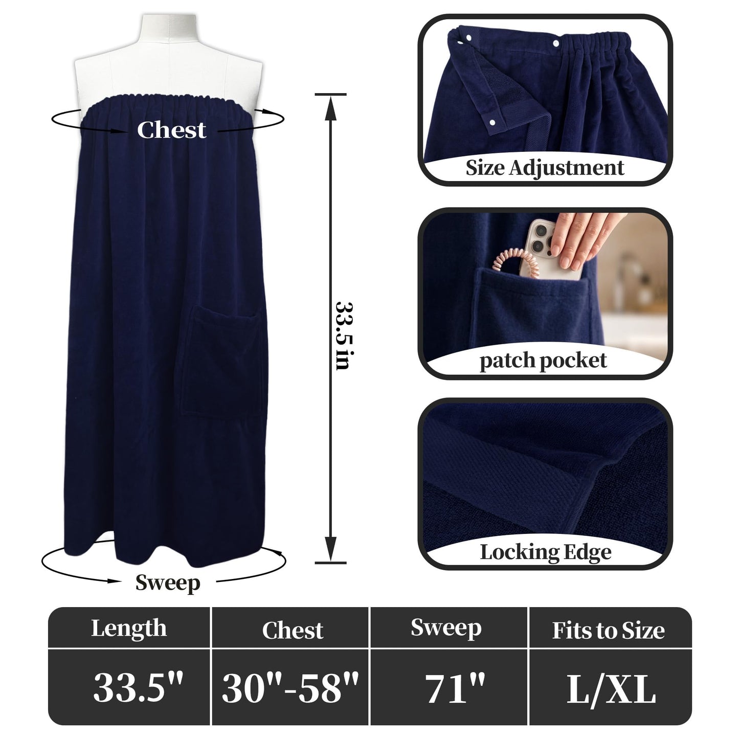 VOOVA & MOVAS Navy Blue Plus Size Wrap Towel with Pocket, 100% Cotton, LuxuryThick Absorbent Quick Dry Bath Wrap with Adjustable Snap-Closure and Elastic Top for Women Shower Spa