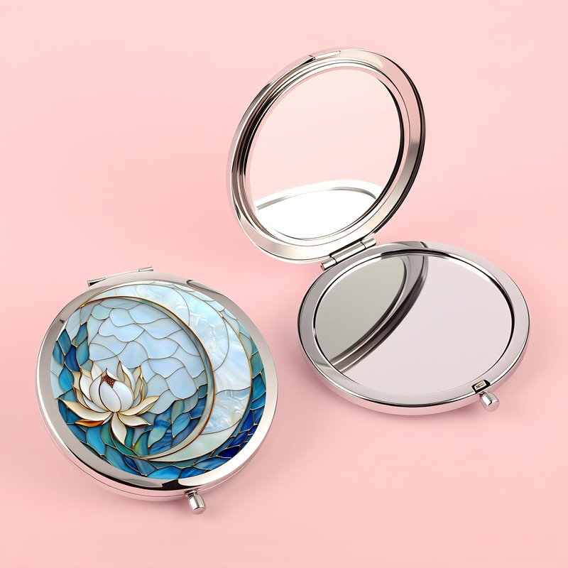 Silver Compact Mirror, 2.8x2.8inch Double-Sided Folding Makeup Mirror with Blue Lotus Moon Design, Ideal Gift for Women