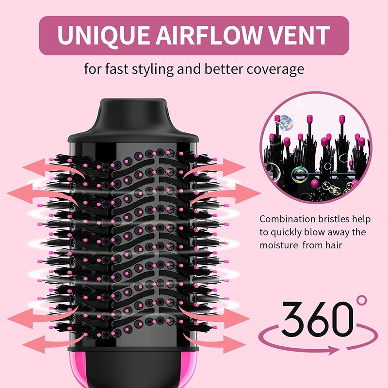 Dimecano Hair Dryer Brush - 4-in-1 Hot Air Styler for Volumizing & Straightening | Black & Pink