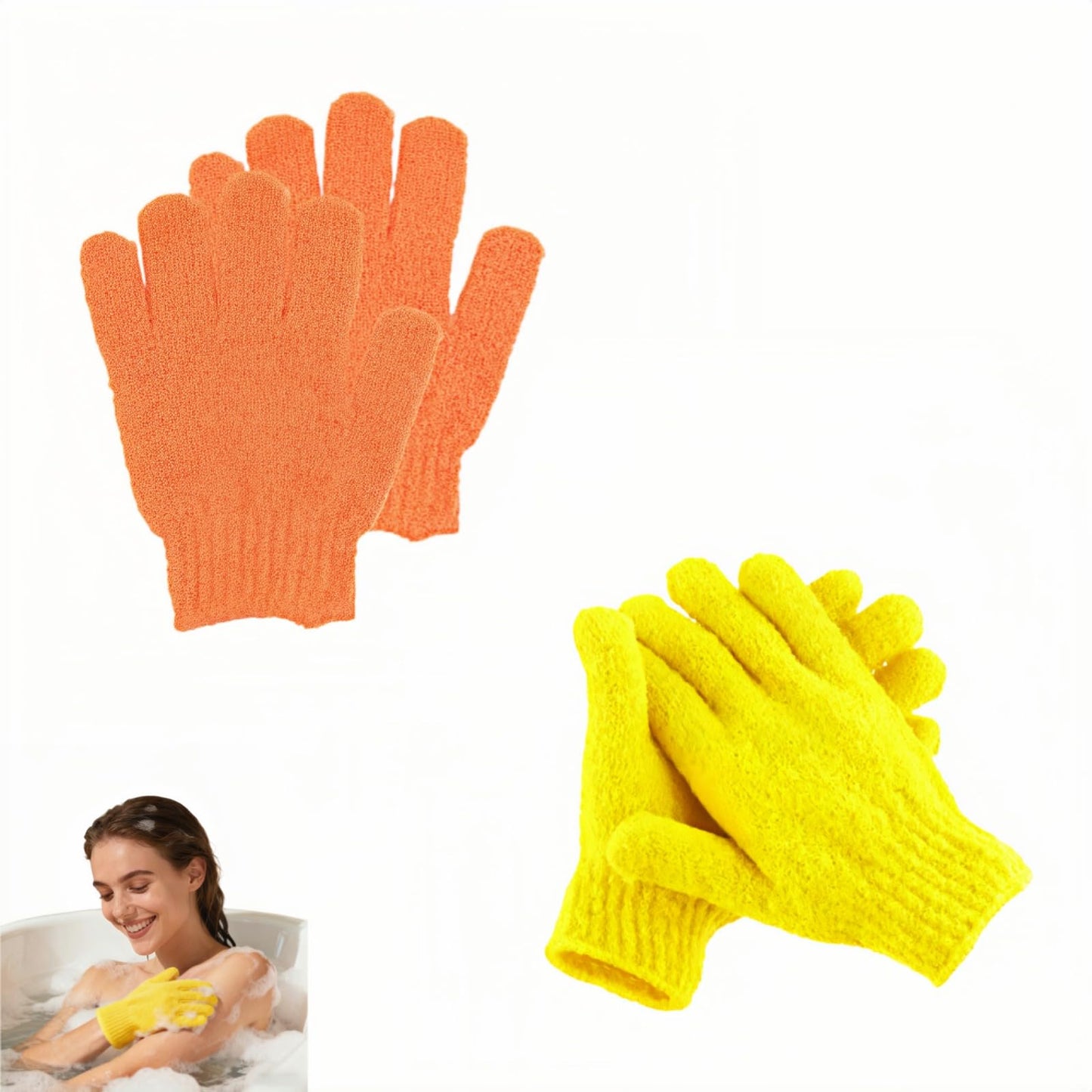 RyanDesign Exfoliating Shower Gloves, 2 Pairs Reinforced Nylon Bath Scrubbing Mitts, Orange and Yellow, One Size Fits All, Body Cleansing Massage