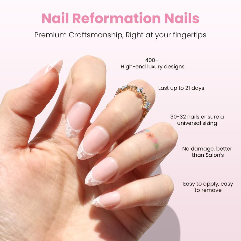 Nail Reformation Press On Nails, Petal Lace | Neutral Short Almond Fake Nails with White Floral Lace French Tip in Glossy Finish, Reusable Stick On Nails in 16 Sizes - 32 Nail Kit for Women Gifts