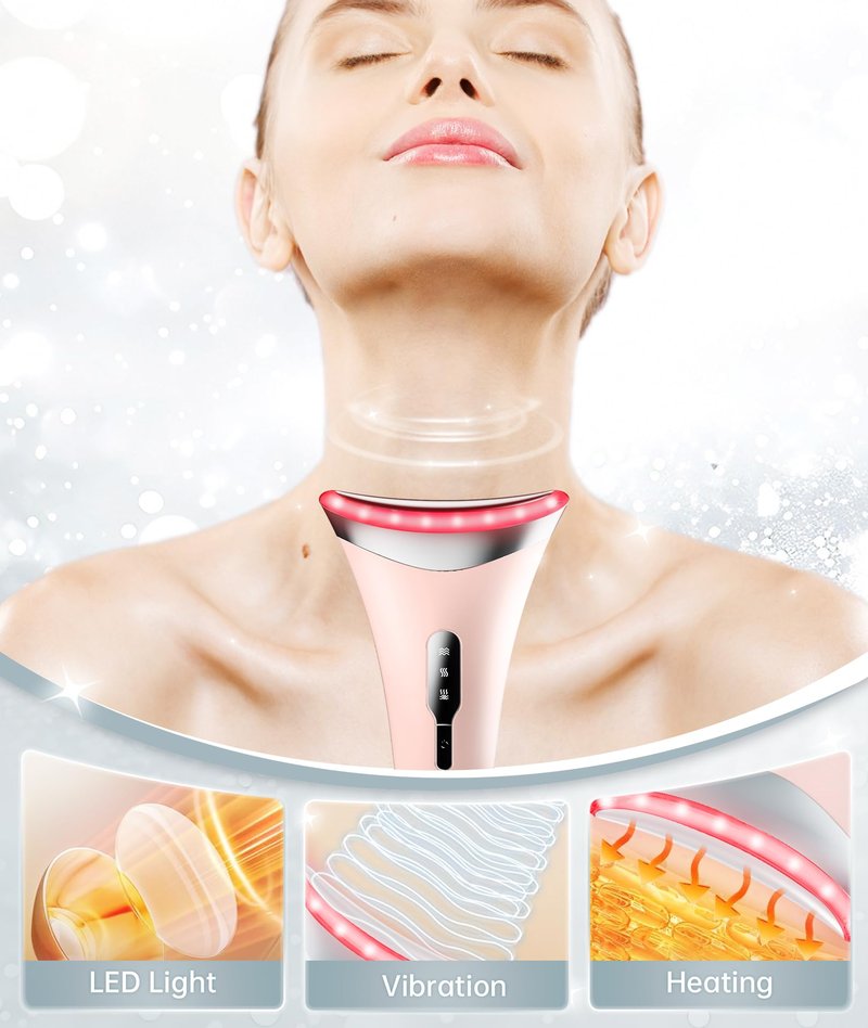 Dopsikn 7 Color Light Therapy Facial Massager with Adjustable Vibration and Thermals for Wrinkles, Double Chin, Red Light Skin Care Tool with Base, Pink