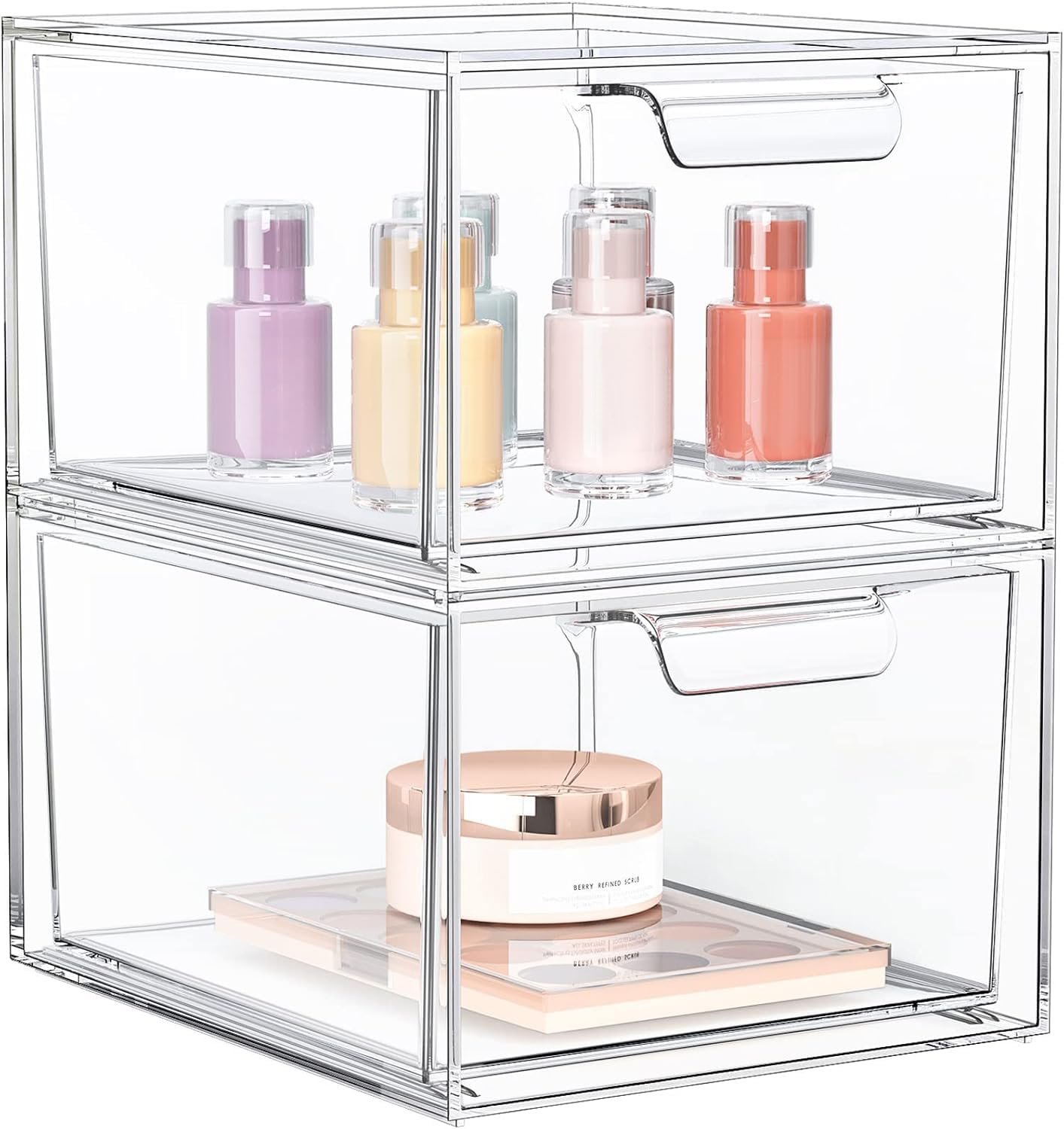 SpaceHacks 2 Pack Stackable Makeup Organizer and Storage, Acrylic Organizers，Clear Plastic Storage Drawer with Handles for Vanity, Undersink, Kitchen Cabinets, Pantry
