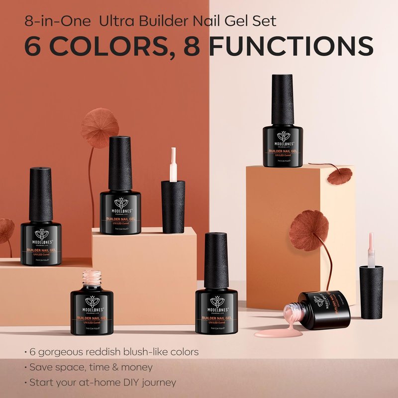 modelones Builder Gel for Nails, 6 Colors Gel Builder Nail Kit 8-in-One, Fall Maple Pink Nude Nail Polish Apex Building Strengthener Extension LED Nail Lamp Cured Color Base