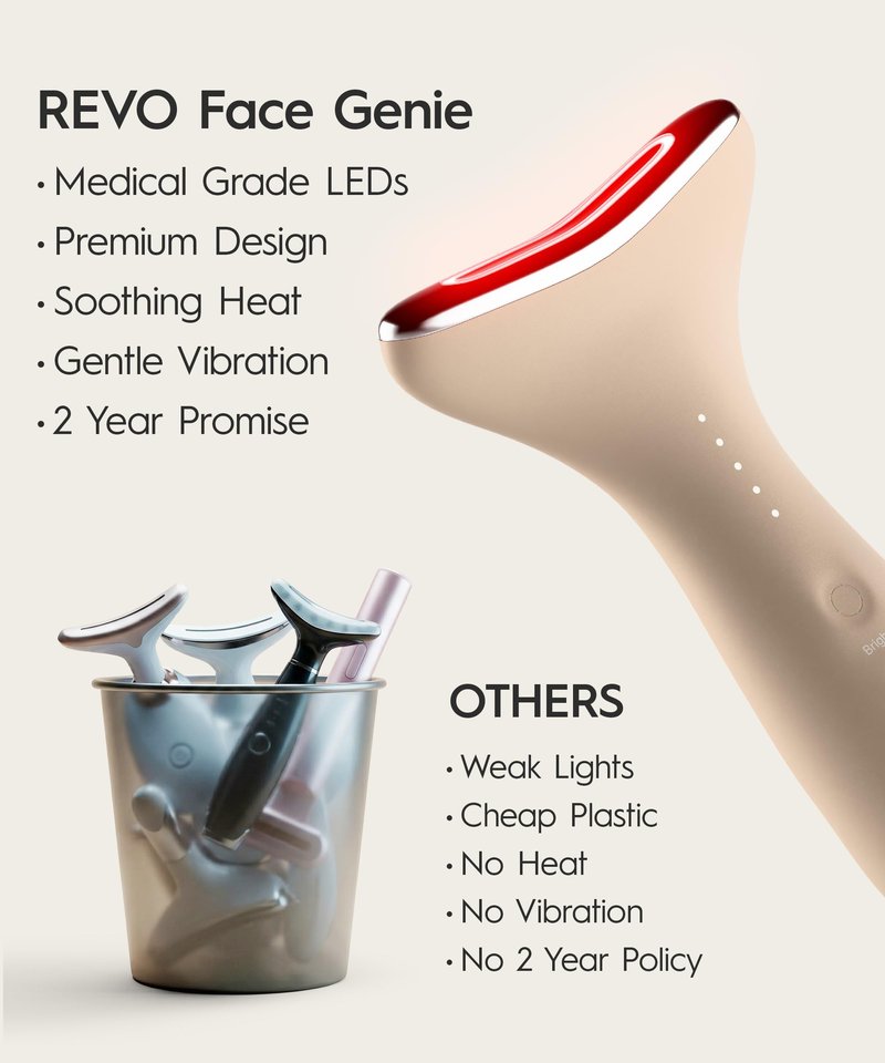 REVO Genie Facial Massager for Face and Neck, LED Beauty Device with Heat and Vibration, Depuffing Sculpting Tool with Red Blue Green Light Modes for Skincare Routine