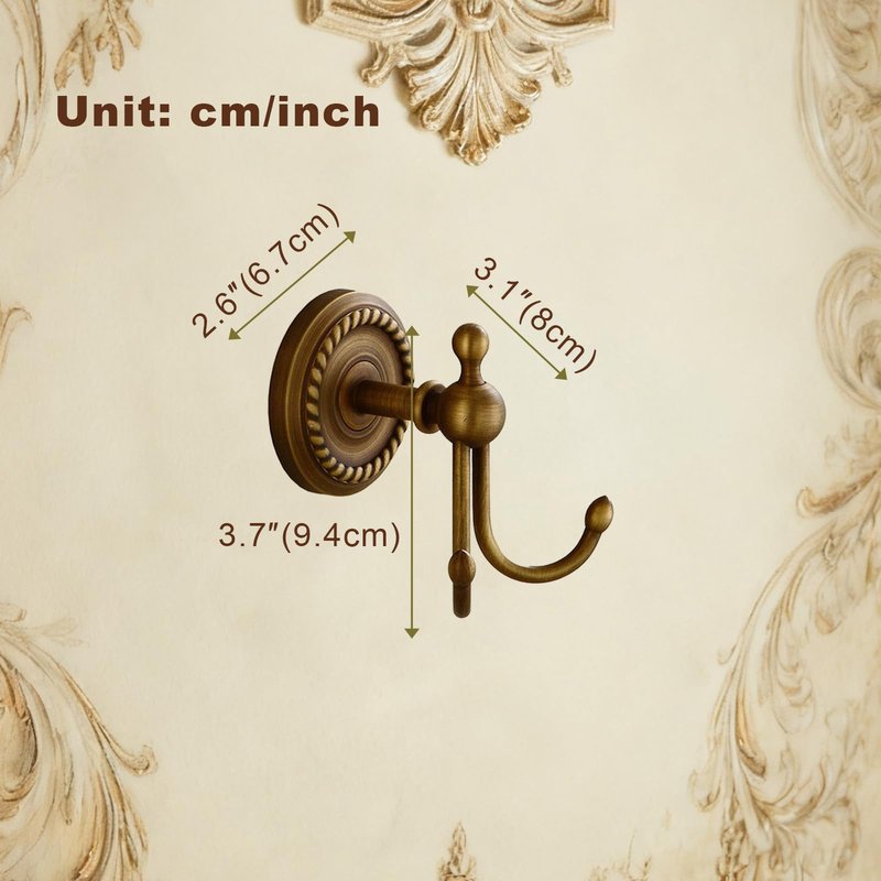 Kelelife Antique Brass Towel Hook, Screw-Mounted Shower Wall Hook, Wall-Mounted Bathroom Hook for Hanging Clothes & Robes, Vintage Brass Twist Series Long-Handle Double Hook