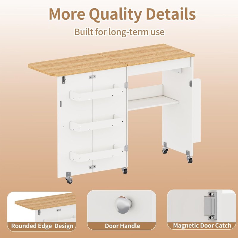 Folding Sewing Table with Power Outlet, Rolling Sewing Desk with Side Storage Rack, Compact Portable Sewing Cabinet for Sewing Machine, Craft Table Organizer for Home (White)