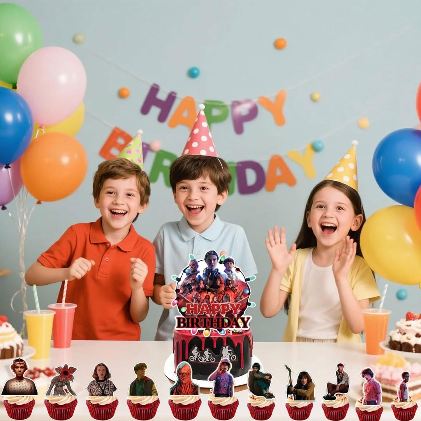 Stranger Things | 13 Pcs Cake Decoration Set - 12 Cupcake Toppers & Happy Birthday Topper for Themed Parties