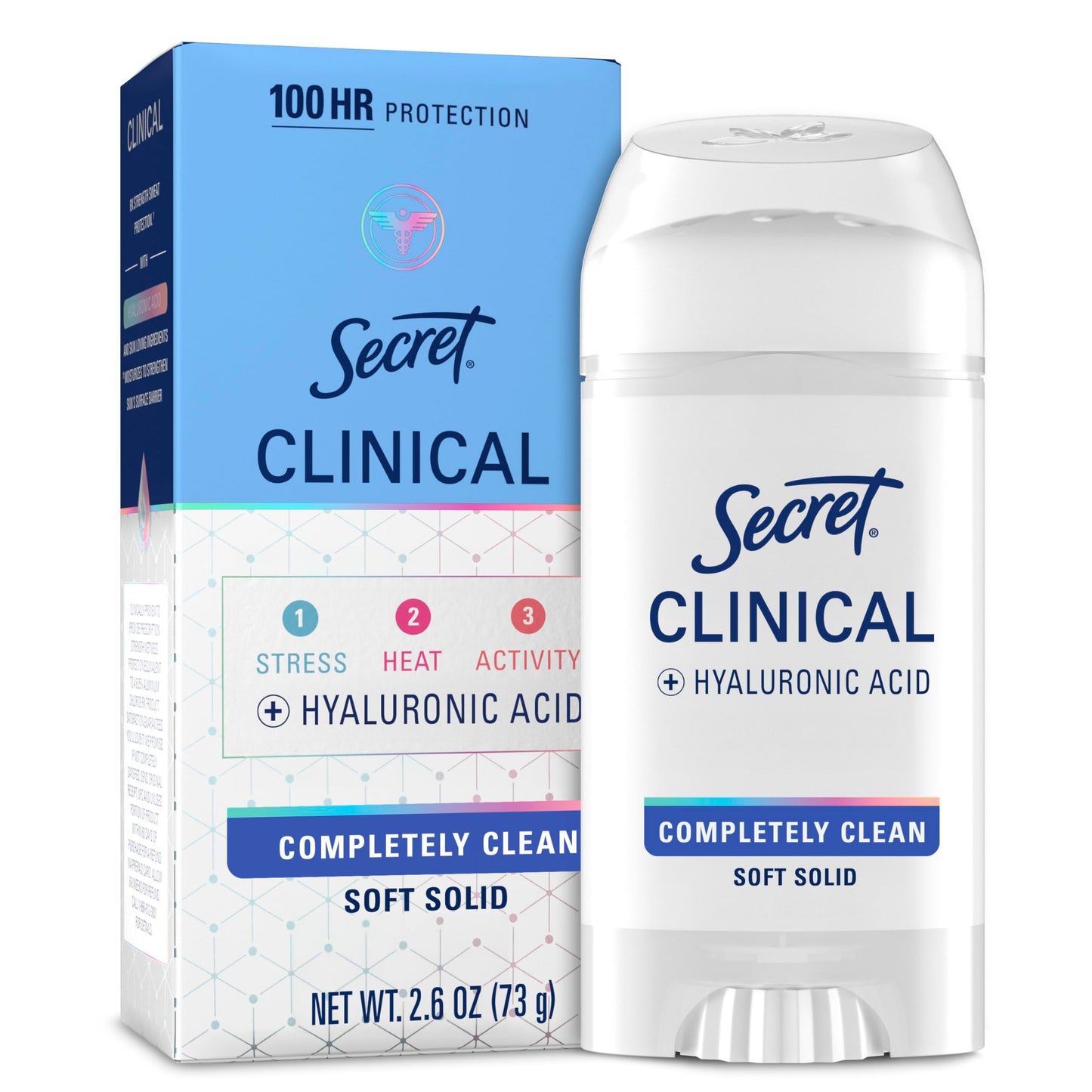Secret Clinical Strength 100HR Sweat & Odor, Soft Solid Antiperspirant Deodorant for Women, 3X Stress Protection with Hyaluronic Acid, PH Balancing Minerals, Completely Clean Scent, 2.6 oz
