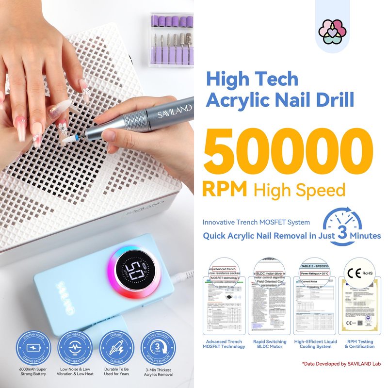 SAVILAND Electric Nail Drill Professional: 50000 RPM Efile Nail Drill for Acrylic Nails Rechargeable Portable Nail Filer Electric Cordless File with Ceramic Drill Bits for Manicure Salon