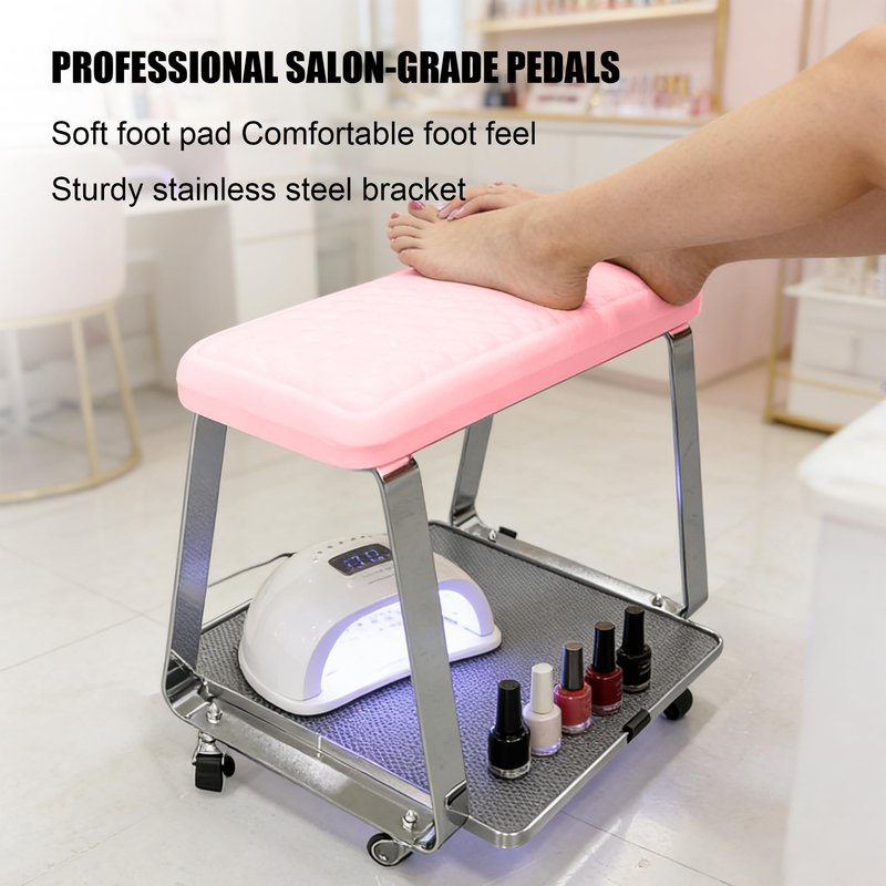 Erxewim Professional Pedicure Stool with Soft Memory Foam Cushion, Rolling Foot Rest Cart, Stainless Steel Legs, Ideal for Salon & Home Spa Use (Pink)