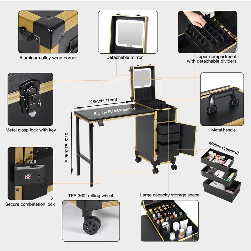 Rolling Portable Manicure Table with 3 Drawers, Lockable Makeup Train Case with Detachable Mirror, Foldable Nail Desk with Wheels & Handle, Mesa de Uñas Profesional para Nail Techs & Salon Use, Gloden