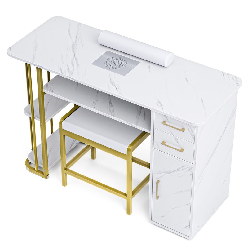 Kikihuose Manicure Table Nail Desk for Nail Tech, Professional Nail Table with Stool, Dust Collector, Dust Bag & Wrist Cushion，Modern Multipurpose Table with Storage Cabinet & Drawers, White