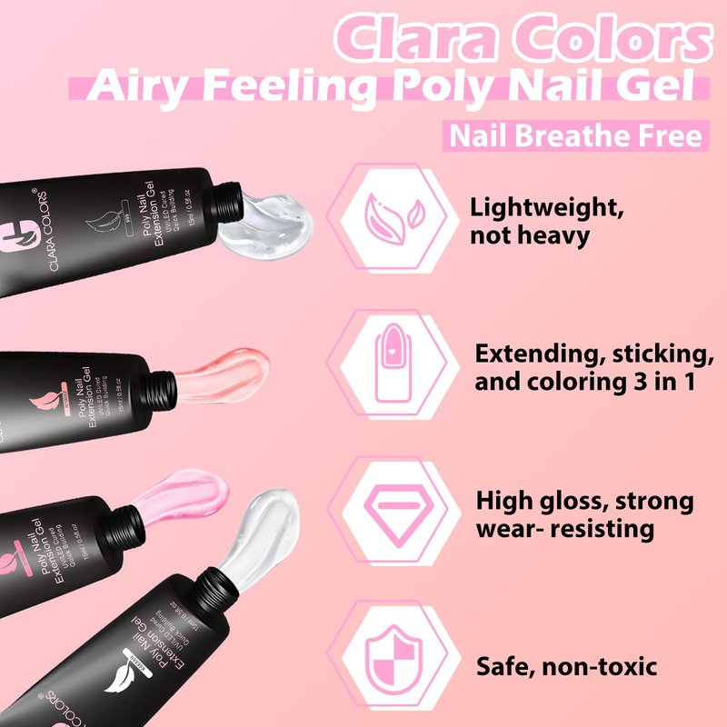 Clara Colors Poly Gel Nail Kit with 4 Colors - Clear, White, Jelly, Nude, Pink Builder, Extension, Slip Solution, Base, Top Coat, Gel, Nail Art Tools