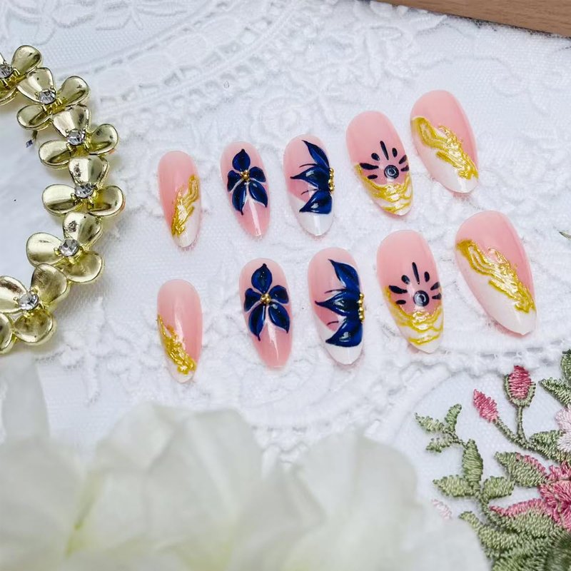 Blue Floral Press-On Nails - Almond Shape Chrome Gold French Tip | 24 Pcs Full Cover Acrylic for Weddings & Daily DIY Nail Art