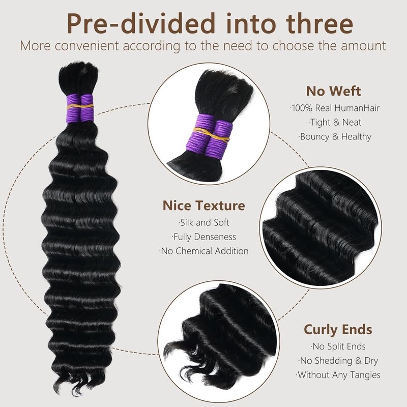 Skiennix Human Braiding Hair - Deep Water Wave Bundles for Boho Braids | 18 Inch, Natural Color, 110g (2 Packs)