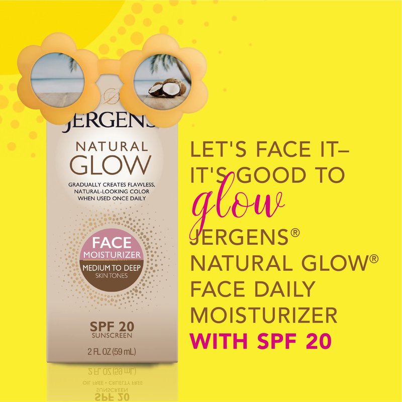 Jergens Natural Glow Face Self Tanner Lotion with SPF 20, Sunless Tanning, Medium to Deep Skin Tone Moisturizer, Daily Facial Sunscreen, Oil Free, Broad Spectrum UVA and UVB Protection,2 Oz(Pack of 2)