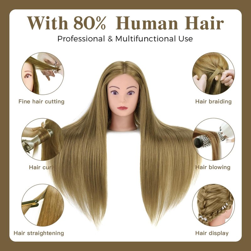 24" Mannequin Head -80% Real Hair Doll head for hair Styling, Cosmetology Mannequin Head with Hair for Braiding Curling,Cuting with Table Clamp Styling Set