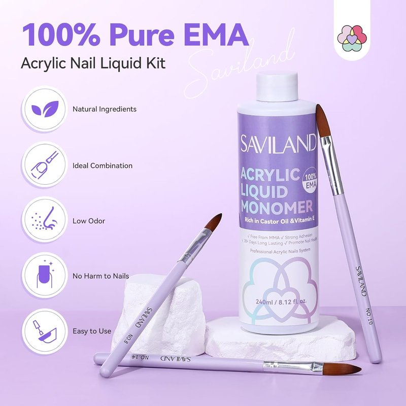 Acrylic Nail Kit for Beginners - 8.12fl.oz EMA Monomer Liquid & Brush Set | Complete Starter Set