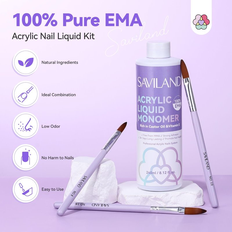 SAVILAND EMA Monomer Acrylic Nail Liquid: 8.12fl.oz Non-Yellowing Acrylic Liquid Monomer with Size 8,10,14 Nail Brushes for Acrylic Powder Application Beginner Nail Kit Home Nail Salon DIY