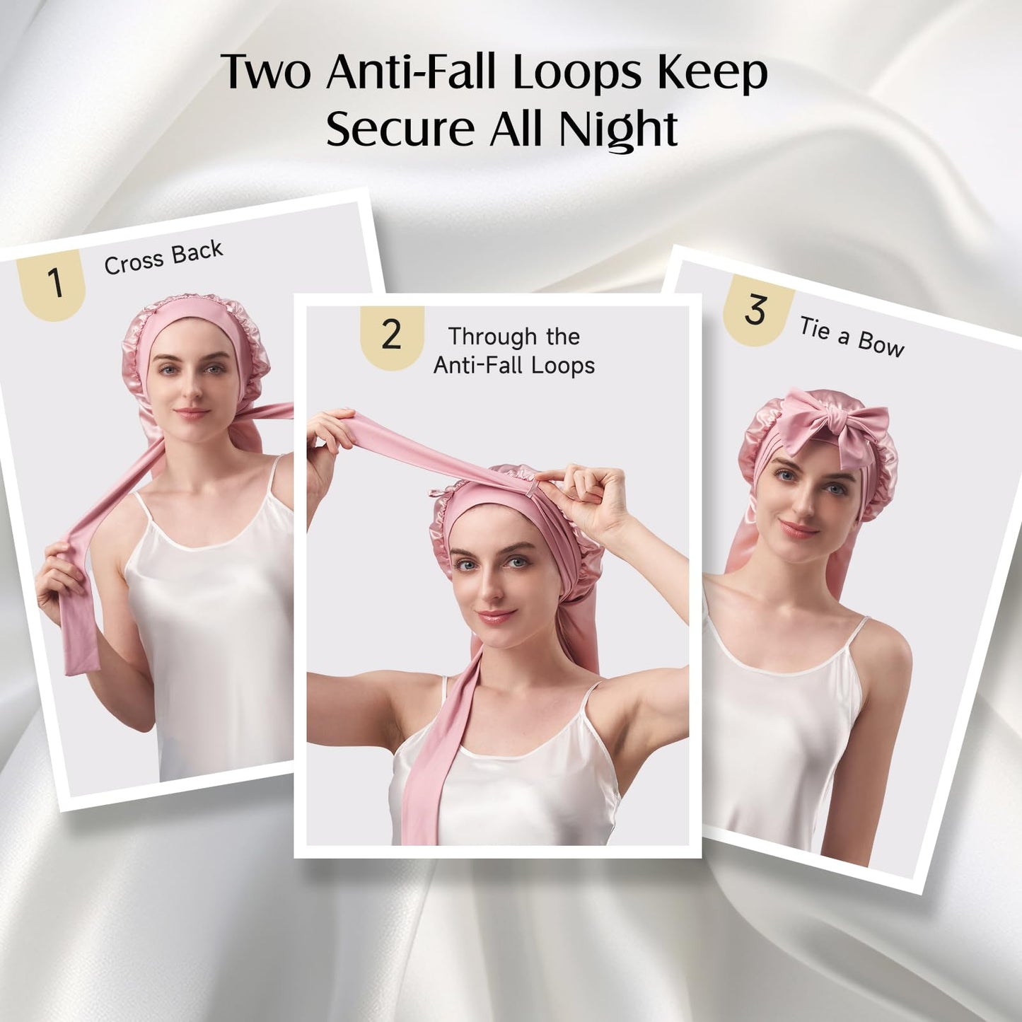 YFONG Double-Layered 100% Pure Mulberry Silk Bonnet for Long Hair, 22 Momme Silk Hair Bonnet for Sleeping with Elastic Tie Band, Real Silk Sleep Cap for Women Long Curly Hair, Pink