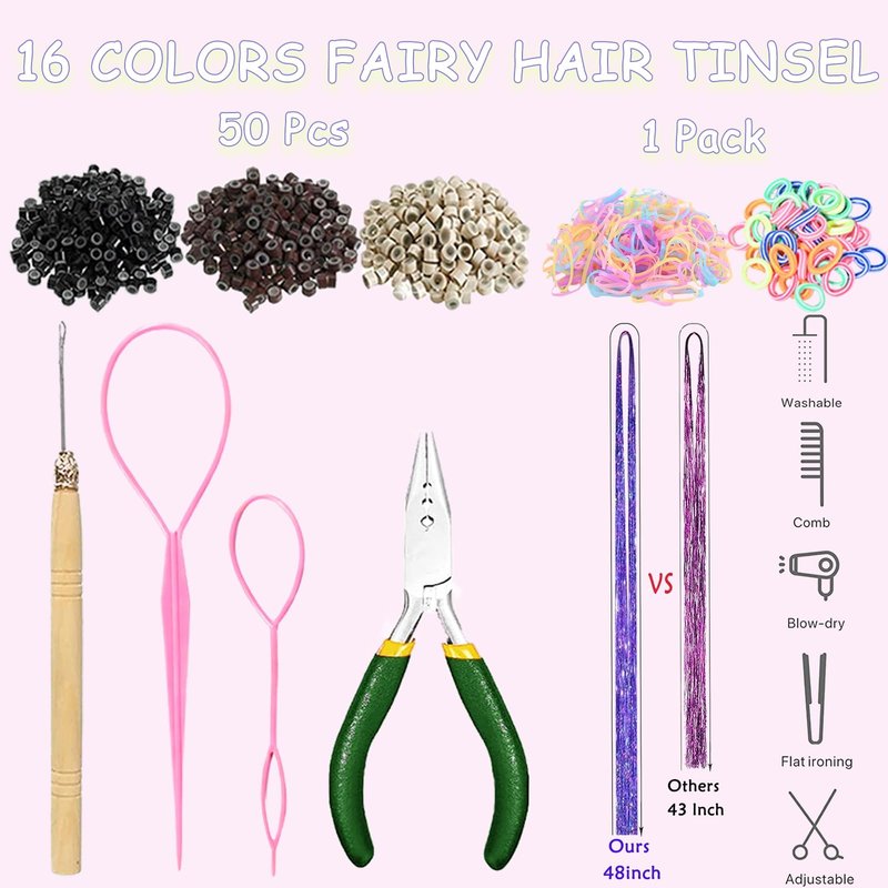 Hair Tinsel Kit With Tool - 4200 Strands, 12 Colors, Heat Resistant, Sparkling Shiny Highlights (48")