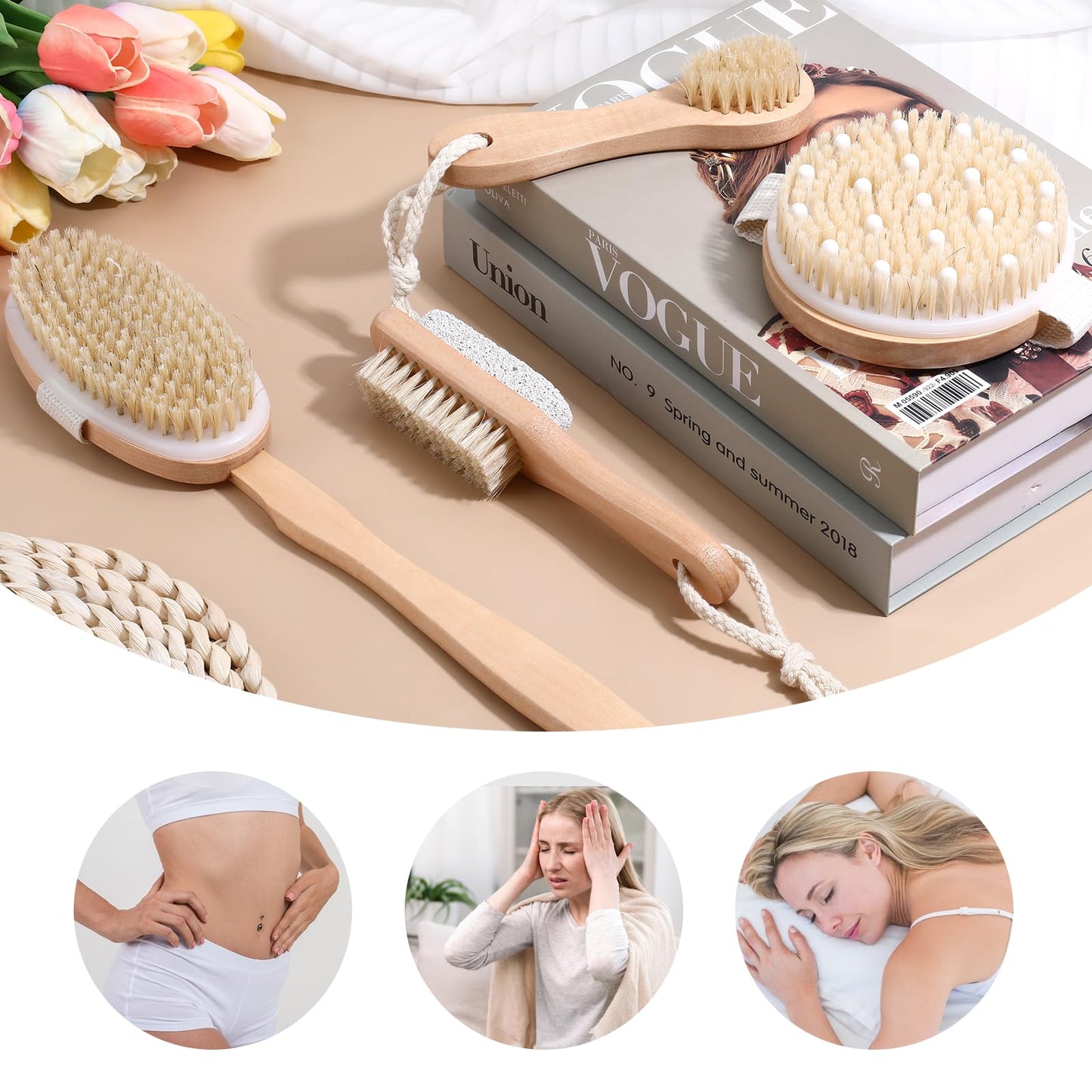 4PCS Dry Brushing Body Brush Set, Bamboo Dry Brush for Body Face Foot, Boar Bristle Long Handle Face Cleansing Shower Scrubber Brushes