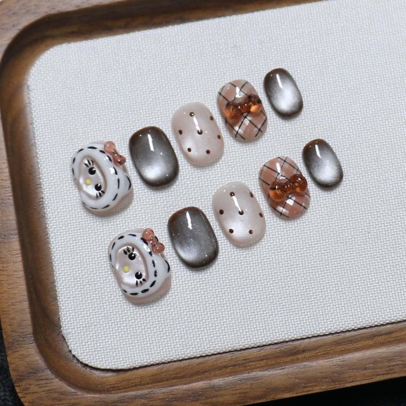Skiennix 10 Short Oval Handmade Press-On Nails - 3D Floral Cat Eye Polka Dot & Sweet Bow | Easy to Apply & Reusable (XS)